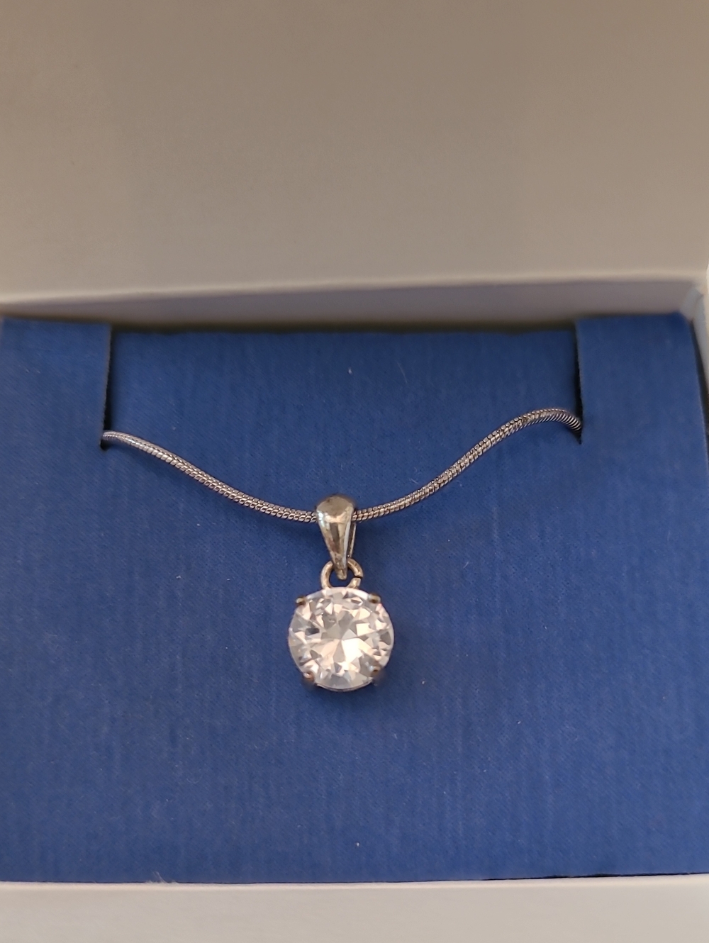 Vintage 202 Avon Silver Tone CZ Solitaire Pendant Necklace, IOB
